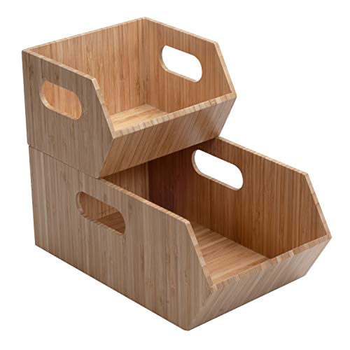 MobileVision Bamboo Storage Bins for Pantry & Kitchen Cabinet Organizer Multi-Purpose 2 PC Stackable Set for Canned Goods, Vegetables, Pouches, Boxed Meals & more - size: Set (2 PC): 12" x 7" x 5"
