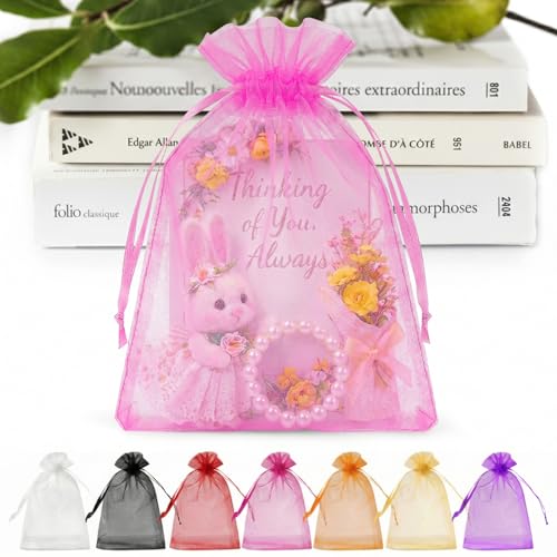 ANZNKU 50 Pack Hot Pink Organza Bags 5 x 7 inch, Small Mesh Drawstring Gift Bags, Jewelry Pouches Small Mesh Bag for Candy Party Wedding Favor & Easter Gifts - color: Hot Pink
