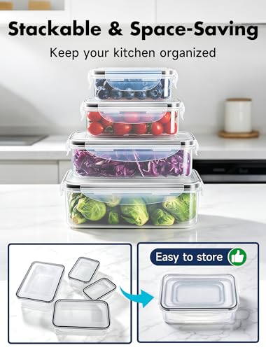 Geedel Food Storage Containers with Lids, Airtight Leakproof Lunch Meal Prep Containers, Stackable Microwave Freezer Dishwasher Safe Plastic Food Containers for Kitchen Organization, Set of 4, Clear