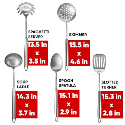 5 Pcs Newness Cooking Utensils Set, 304 Stainless Steel Kitchen Utensils Set, Metal Kitchen Accessories, Include Soup Ladle, Slotted Skimmer Spoon, Spaghetti Spoon and Spatula, Dishwasher Safe - size: 5 PCS Cooking Utensils Set