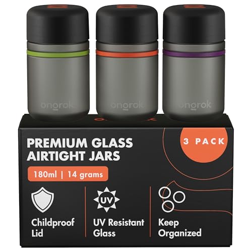 ONGROK Glass Storage Jar, 180ml, 3 Pack | UV Herb/Spice Jar with Child‑Resistant Lid, Color‑Coded Glass Containers to Preserve Smell and Aroma - size: 180ML - 3 Pack