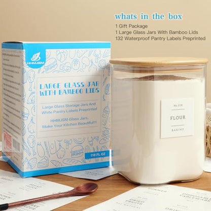 Large glass flour and sugar containers with 132 Kitchen Pantry Labels - 110 oz Glass Food Storage Containers with Airtight Lids - Square Glass Jars with Bamboo Lids for Rice, Pasta, Cookies, grain