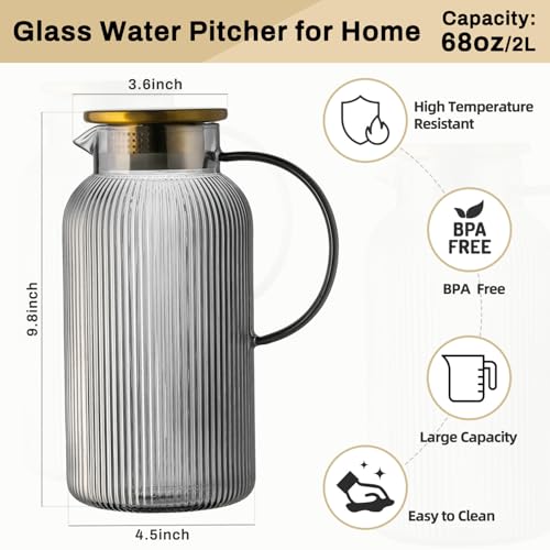 Buaic 2 PACK Glass Pitcher with Lid, 68 oz/ 2 Liter Gray Classic Vertical Stripes Water Pitcher,Glass Water Carafe for Cold Brew, Coffee, Lemonade, Iced Tea,Beverage, Heat Resistant Water Glass Jug - color: Gray, size: 2L-2 PACK