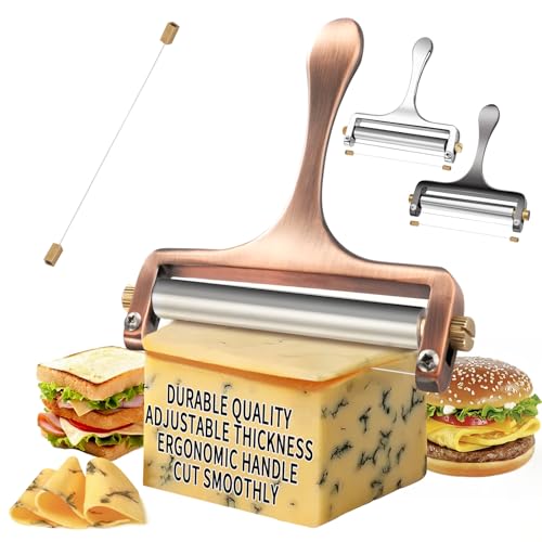TOPULORS Wire Cheese Slicer Handheld Cutter with 1 Extra Wire, Copper Red | Stainless Steel Cheese Cutter Wire for Mozzarella, Cheddar, Gruyere, Adjustable Thickness Cheese Shaver for Block Cheese - color: Copper red - Wire cheese slicer