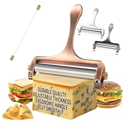 TOPULORS Wire Cheese Slicer Handheld Cutter with 1 Extra Wire, Copper Red | Stainless Steel Cheese Cutter Wire for Mozzarella, Cheddar, Gruyere, Adjustable Thickness Cheese Shaver for Block Cheese - color: Copper red - Wire cheese slicer