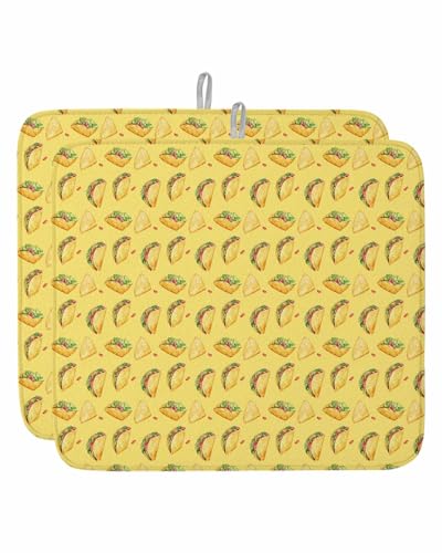 Yellow Tacos Dish Drying Mat, Cheese Vegetables Cartoon Food Absorbent Dish Drying Matt Pad for Kitchen Countertops, Sinks, Dish Drainer Racks, Small 16x18in 2PCS - size: 16x18in 2PCS