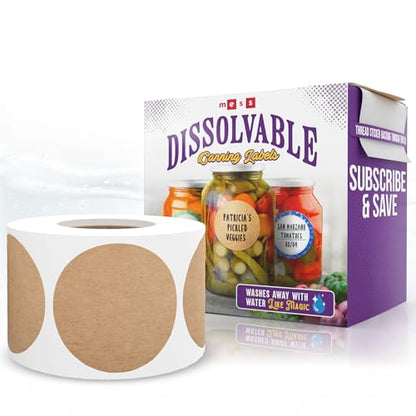 Dissolvable Canning Labels 1in Round, Removable Kraft Mason Jar Stickers | Water soluble, no residue, write on with pen, 200 per pack, jam, preserves, pantry, freezer, spice bottles, food storage - size: 1 inch