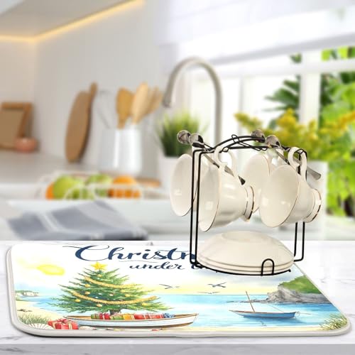 Christmas Beach Time Dish Drying Mat for Kitchen Countertop 18x24 Winter Tree Xmas Large Drying Mat Reusable Quick Dry Dish Sink Mats Easy Clean Decorative Essentials - size: 18x24(in)x1