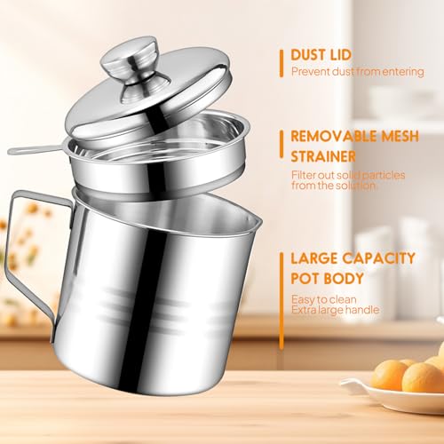 Chihee Grease Container 1.2L / 40 fl oz Stainless Steel Fine Mesh Strainer | Easy Clean Bacon Grease Saver Container Can with Dust-proof Lid Non-slip Tray for Kitchen Storing Frying Cooking Grease - color: Silver(1.2L)