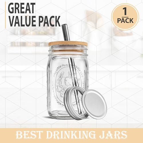 MEM WORLDSHOP Wide Mouth Mason Jar 32 oz - (1 Pack) - Wide Mouth 32-Ounces Quart Mason Jar with Reusable M.E.M Bamboo Lid & Stainless Steel Straw - For Smoothies, Milk Shakes, Iced Coffee, Tea