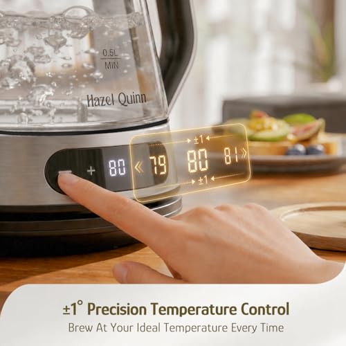 Hazel Quinn Glass And Stainless Steel Electric Kettle, 1.5 Liters Tea Kettle And Hot Water Kettle, BPA-Free, ±1°C Temp Control, 24H Keep Warm, 1000W Fast Quiet Boil, Anti-Residue Bottom, Auto Shut-Off