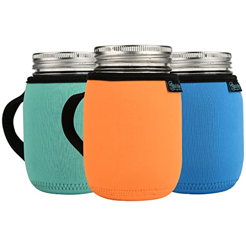 Beautyflier 16oz Regular Mouth Mason Jars Neoprene Sleeve, Mason Jars Drinking Glasses Neoprene Cover, Wide Mouth Pint 16-Ounce Glass Mason Jar Insulators with Handle, Sleeve Only - color: 16OZ, 3COLOR
