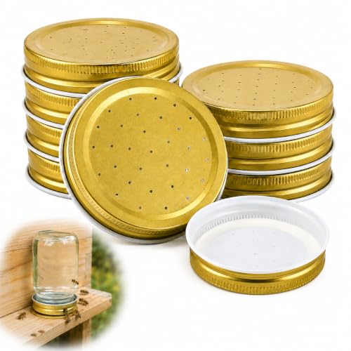 Homoyoyo Bee Feeder Lids for Mason Jar, 8 Pack Metal Perforated Gold Caps, 2.87 in Beehive Entrance Jar Lids for Sugar Syrup Water Feeding, Replacement Beekeeping Supplies, 2.87 in (7.3 cm) Golden