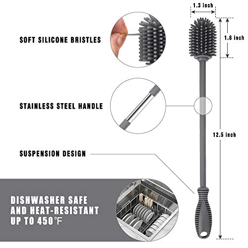 Silicone Bottle Cleaning Brush with Long Handle, 12.5" Water Bottle Cleaner for Baby Bottles, Hydro Flask, Sports Bottle, Vase, Glassware, Perfect for Smaller Diameter Bottle Openings (One Pack) - color: Gray