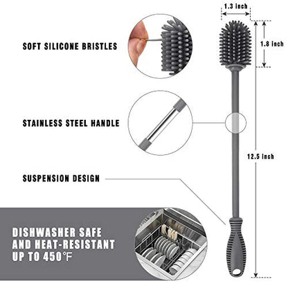 Silicone Bottle Cleaning Brush with Long Handle, 12.5" Water Bottle Cleaner for Baby Bottles, Hydro Flask, Sports Bottle, Vase, Glassware, Perfect for Smaller Diameter Bottle Openings (One Pack) - color: Gray
