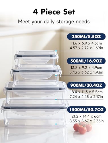 Geedel Food Storage Containers with Lids, Airtight Leakproof Lunch Meal Prep Containers, Stackable Microwave Freezer Dishwasher Safe Plastic Food Containers for Kitchen Organization, Set of 4, Clear