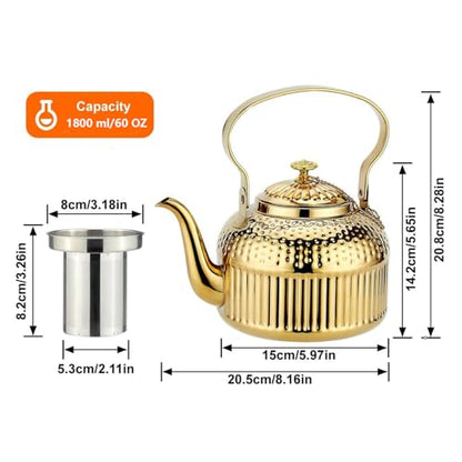 SANQIAHOME Antique 1.8L (60 Oz) Stainless Steel Teapot with Infuser Gold - color: Gold, size: 1.8 Liters