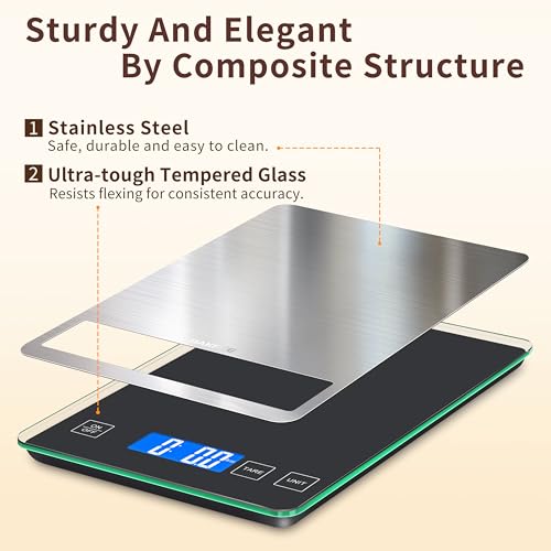 Food Scale, 15kg/33lb Digital Kitchen Scale with Stainless Steel & Tempered Glass, 1g/0.05oz Precise Weighing, Splash-Resistant and Sturdy Surface, for Cooking, Baking, Weight Loss, Meal Prep - color: Non-Rechargeable-Black
