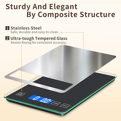 Food Scale, 15kg/33lb Digital Kitchen Scale with Stainless Steel & Tempered Glass, 1g/0.05oz Precise Weighing, Splash-Resistant and Sturdy Surface, for Cooking, Baking, Weight Loss, Meal Prep - color: Non-Rechargeable-Black