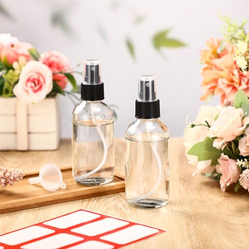Fumete 2 Pack Glass Bottles 4oz Empty Refillable Liquid Containers with 1 Label 1 Funnel for Essential Oils Hair Travel Plants Cleaning Skin Care(Clear, Black Top,Mist Bottle) - color: Clear, Black Top, style: Mist Bottle