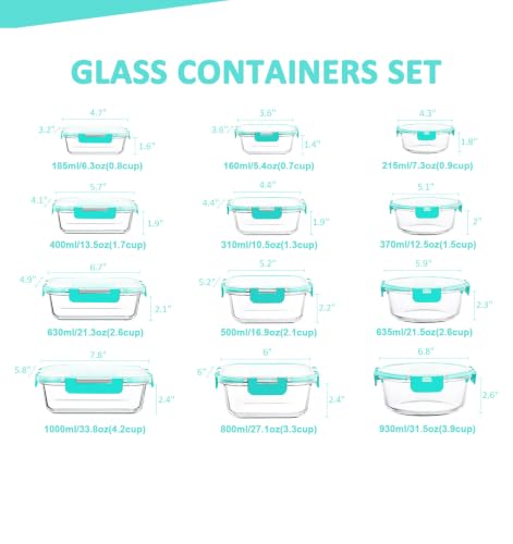 KOMUEE 24 Pieces Glass Food Storage Containers Set, Meal Prep Containers, BPA-Free Airtight Glass Storage Containers with lids, Freezer, Microwave and Oven Safe,Green - color: Green