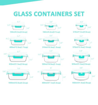KOMUEE 24 Pieces Glass Food Storage Containers Set, Meal Prep Containers, BPA-Free Airtight Glass Storage Containers with lids, Freezer, Microwave and Oven Safe,Green - color: Green