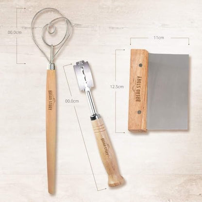 Danish Dough Whisk Set – Wooden Scraper & Lame Scoring Tool | Sourdough Whisk & Mixing Tool Kit | Bread Utensils for Homemade Bread, Pizza, Pastry | Stainless Steel & Wood