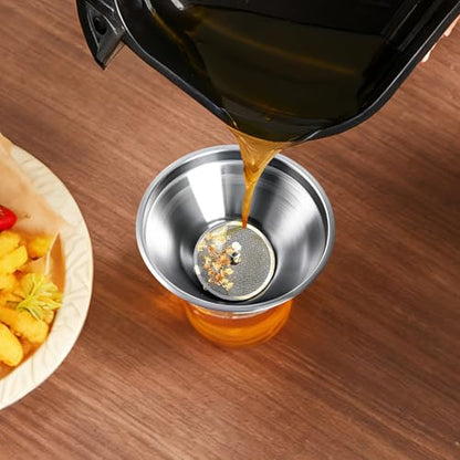 4-Piece Stainless Steel Kitchen Funnel Set, Includes 3 Funnel Sizes and 1 Strainer. Ideal for transferring seasonings, Oils, Liquids, Dry Goods and Powders. Durable and Easy to Clean.