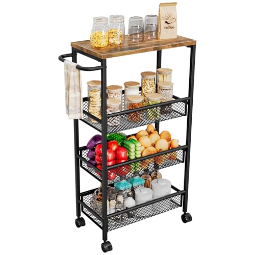 AZERPIAN Slim Rolling Cart 4 Tier Narrow Storage Cart on Wheels with MDF Board Top and Metal Handle for Small Space Kitchen Living Room Bathroom Laundry Room (16.38 x 9.06 x 30.31inch) - size: 16.38 x 9.06 x 30.31 inch