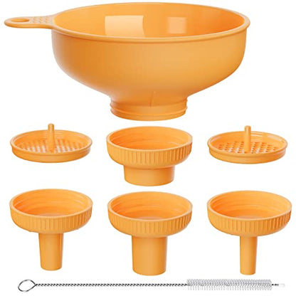 Pisol Wide Mouth Versatile Funnel, Canning Funnels for Kitchen Use, Food Grade Plastic Cooking Funnel Set with 4 Size Spouts and 2 Strainers for Filling Different Bottles and Bags, Orange