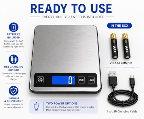 Digital Kitchen Scale 10kg/22lb, Food Scale Grams and Ounces, 1g High Precision, USB Rechargeable, Stainless Steel, Tare Function, LCD Display, Multi-Unit for Baking, Cooking & Meal Prep