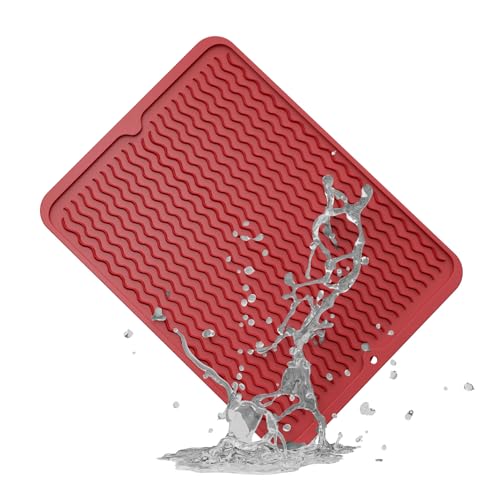 ZLR Silicone Dish Drying Mat for Kitchen Counter (12" x 16" / 307 x 405mm) - Large Fast-Dry Drainer Mat with Raised Wavy Ridges & 5mm Lip - Non-Slip, Heat Resistant 450°F, BPA-Free (Lava Red) - color: Lava Red, size: 16" x 12"