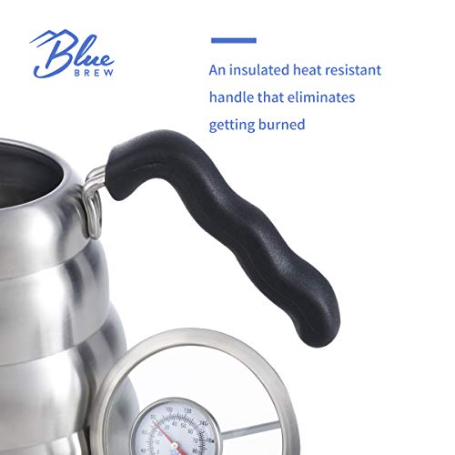 Blue Brew Gooseneck Kettle Stovetop, Tea Pot with Thermometer, 40oz Pour Over Coffee Maker for Coffee & Tea, Stainless Steel Coffee Kettle, Compatible with Electric Stove & Gas Stove (BB1201)