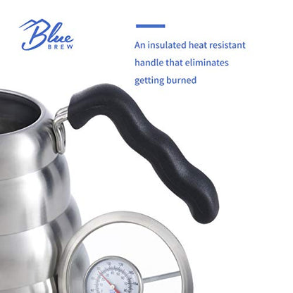Blue Brew Gooseneck Kettle Stovetop, Tea Pot with Thermometer, 40oz Pour Over Coffee Maker for Coffee & Tea, Stainless Steel Coffee Kettle, Compatible with Electric Stove & Gas Stove (BB1201)