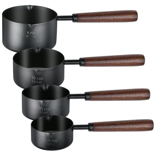 4Pcs Measuring Cups with Wooden Handle, Black Stainless Steel Measuring Cups Scoops Set, Dog Food Scoop for Kitchen Flour Spice Seasoning Measurement Cooking (1, 1/2, 1/3, 1/4 Cup)