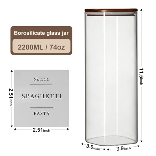 Wissy&Konny 3 Pack Square Glass Pasta Storage Containers with Walnut Wooden Airtight Lids, 70oz Tall Spaghetti Container Storage for Pasta,Spaghetti,Cereal,Space Saving Design(132 Pantry Labels)