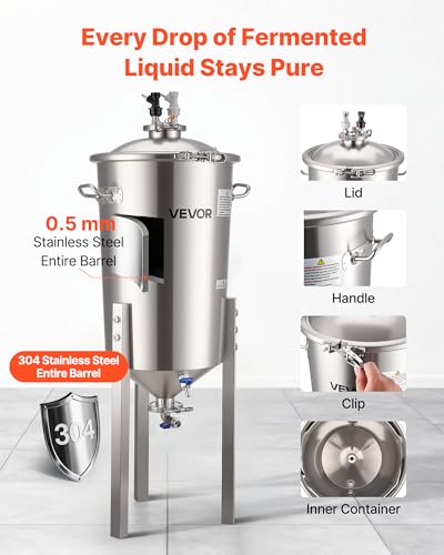 VEVOR Pressure Fermenter 15 PSI, 8 Gal/30L All-in-One Stainless Steel Conical Secondary Fermentation Bucket, for Wine, Beer Brewing Equipment - size: 8 Gal-Fermenter2.0