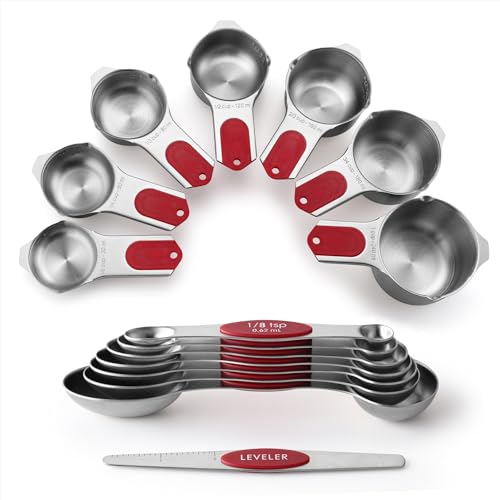 Spring Chef Magnetic Measuring Cups & Spoons Set, Patented, Strong N45 Magnets, Heavy Duty Stainless Steel Fits in Spice Jars for Baking & Cooking, BPA Free, Round Set of 15 with Leveler, Red - color: Red, size: Set of 15