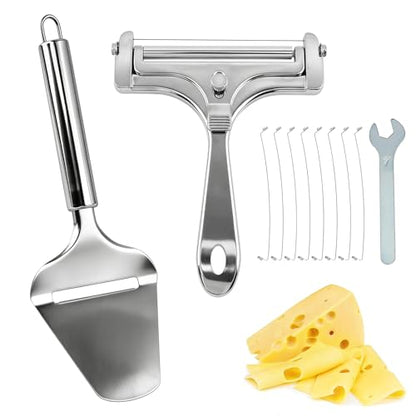 Stainless Steel Wire Cheese Slicer, Adjustable Hand Held Cheese Cutter with 8 Extra Wires & Wrench, Food Slicer for Block Butter Cutter Tools Cheeses Shaver(COLOR:silver)