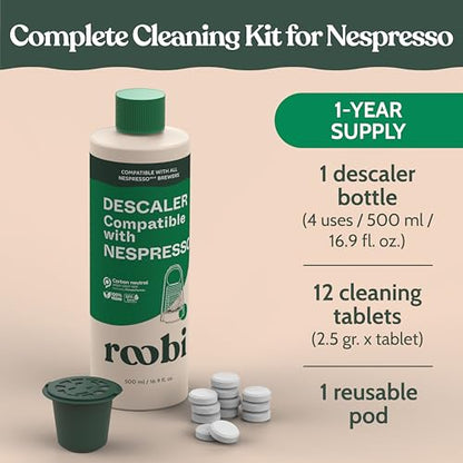 Roobi Descaling and Cleaning Kit Compatible with Nespresso Originaline. Includes 1 Bottle of Descaling Solution, 12 Cleaning Tablets and 1 Reusable Pod. Carbon Neutral. 1 Year Supply. - style: Descaling & Cleaning Kit