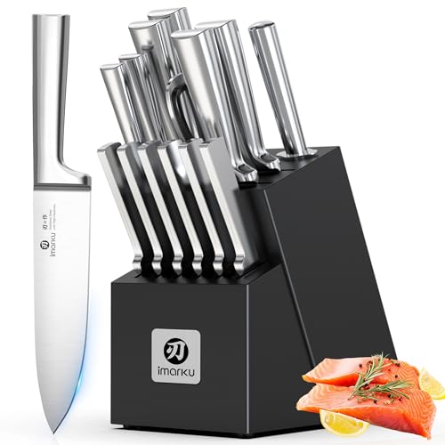 imarku 15-Piece Knife Block Set Built-in Sharpener, Japanese High Carbon Stainless Steel Kitchen Knife Set, Dishwasher Safe, Chef Knife Set with Wooden Knife Block, Santoku Knive for Kitchen Cooking - color: Black