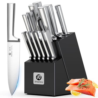 imarku 15-Piece Knife Block Set Built-in Sharpener, Japanese High Carbon Stainless Steel Kitchen Knife Set, Dishwasher Safe, Chef Knife Set with Wooden Knife Block, Santoku Knive for Kitchen Cooking - color: Black