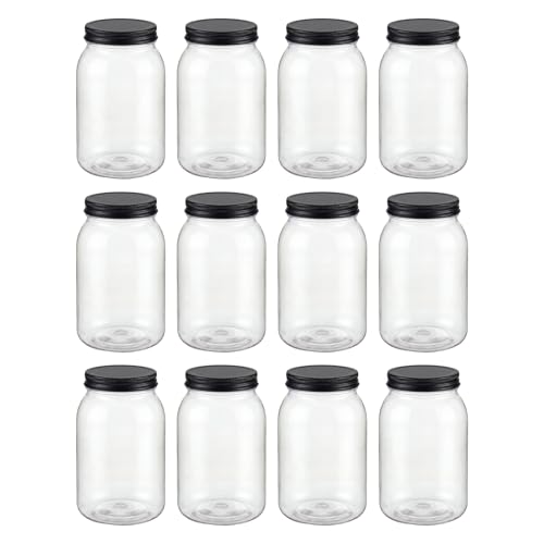 novelinks 32 oz Clear Plastic Jars with Lids and Plastic Mason Jars 32 oz | 12 Pack, Black, Plastic Quart Containers with Lids, Quart Mason Jars Bulk, Large Jars, Mason Jars for Centerpieces - color: Black