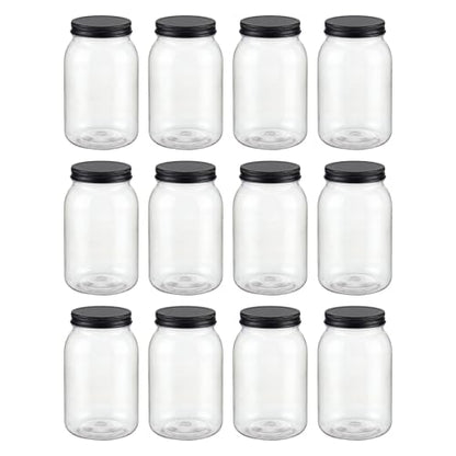 novelinks 32 oz Clear Plastic Jars with Lids and Plastic Mason Jars 32 oz | 12 Pack, Black, Plastic Quart Containers with Lids, Quart Mason Jars Bulk, Large Jars, Mason Jars for Centerpieces - color: Black