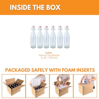 FastRack Swing Top Glass Bottles |16 oz – Pack of 6 | Clear, Flip Top Glass Bottles for Home Brewing, Carbonated Drinks, Kombucha, Fermentation, Water | Food Grade – ECO Friendly - size: 6 Pack