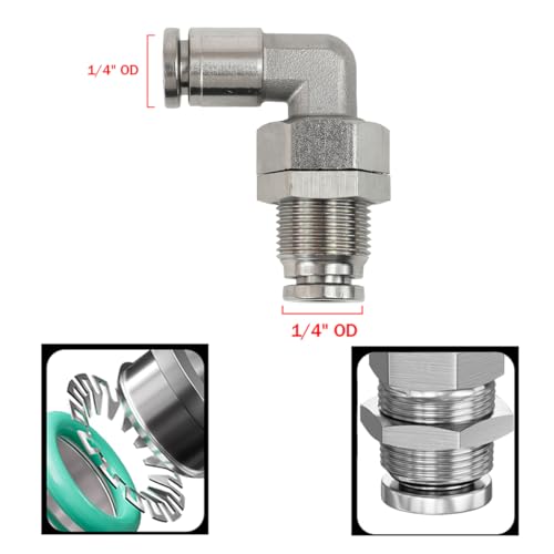 2Pcs 304 Stainless Steel Bulkhead Elbow 1/4" x 1/4" Tube OD Push to Connect Tube Fitting, PLM-1/4 Bulkhead 90 Degree Elbow Pneumatic Quick Connect Air Fitting - size: 1/4" x 1/4"