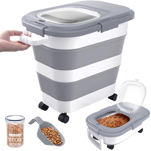 23-25 Lbs Airtight Dog Food Storage Container,Collapsible Dog Food Container with Lid,Wheels,Handle,Large Pet food storage Container with Scoop,Small Food Container for Dog Cat - color: Grey/25 LBS
