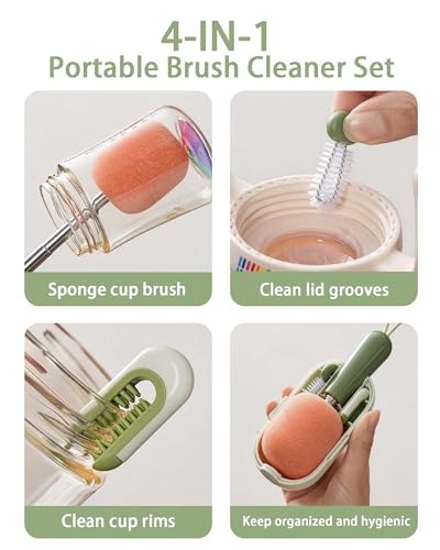 4-in-1 Portable Brush Cleaner Set - Water Bottle Cleaning Brush with Long Extendable Handle, Multi-Purpose Cleaning Tool for Travel Bottles & Tumblers, Compact Water Bottle Cleaner Brush Kit