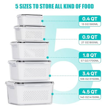 HOMETALL 5 Pack Fruit Storage Containers for Fridge Set, Fruit Washing Bowl with Strainer, Reusable Fridge Organizers and Storage for Berry Salad Lettuce, Size 4.5, 3.4, 1.8, 0.9, 0.4QT - size: 5PCS