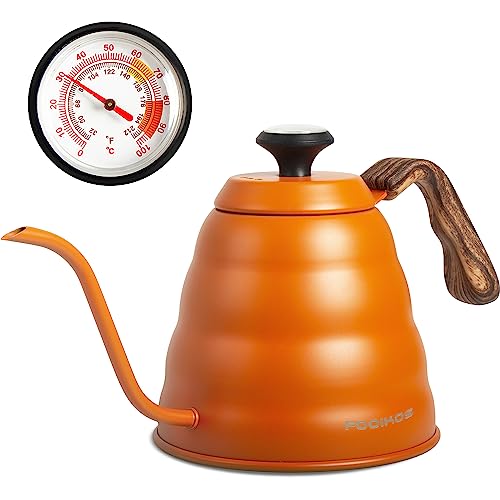 Gooseneck Kettle with Thermometer for Pour Over Coffee & Tea, 42 fl oz, Premium Stainless Steel, Accurate Temperature Control, Ideal Spout for Precision Pouring, Compatible with Stovetops - color: Orange